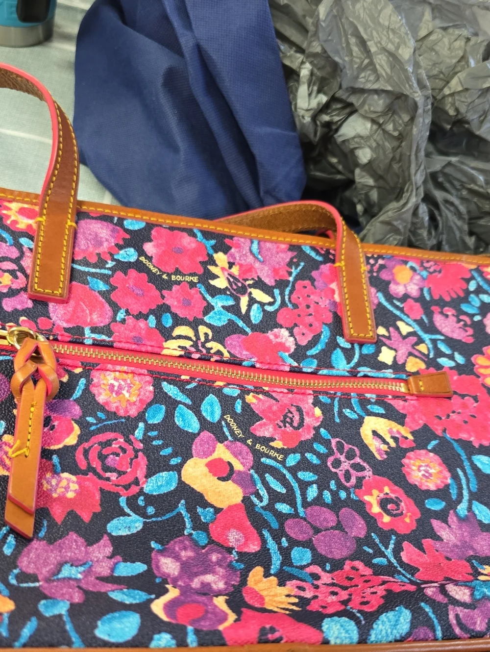 Dooney & Bourke Navy Floral Tote with Pink, Blue & Purple